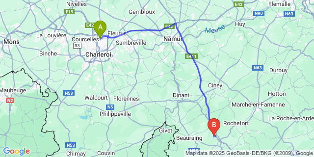 Map: Charleroi Airport Brussels South (CRL) to Lavaux-Sainte-Anne