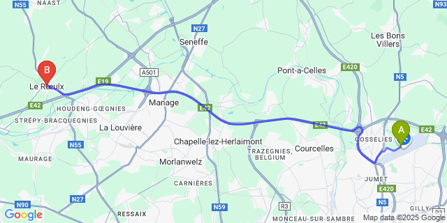 Map: Charleroi Airport Brussels South (CRL) to Le Roeulx