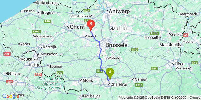 Map: Charleroi Airport Brussels South (CRL) to Lebbeke