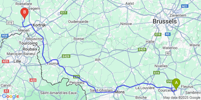 Map: Charleroi Airport Brussels South (CRL) to Ledegem