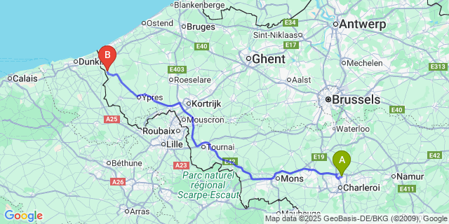 Map: Charleroi Airport Brussels South (CRL) to Leisele
