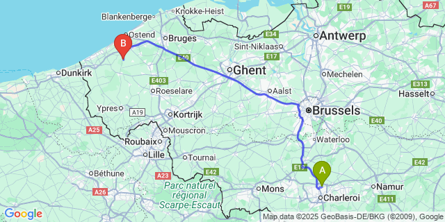 Map: Charleroi Airport Brussels South (CRL) to Leke