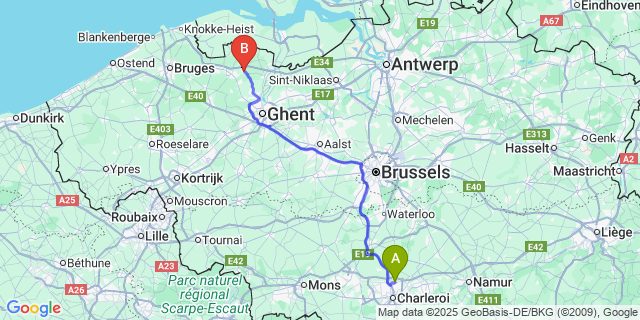 Map: Charleroi Airport Brussels South (CRL) to Lembeke
