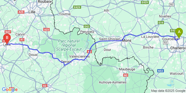 Map: Charleroi Airport Brussels South (CRL) to Lens