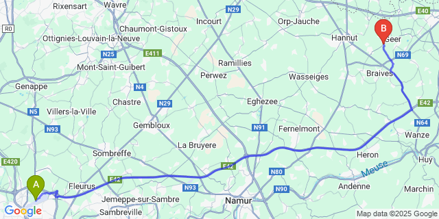Map: Charleroi Airport Brussels South (CRL) to Lens-Saint-Servais