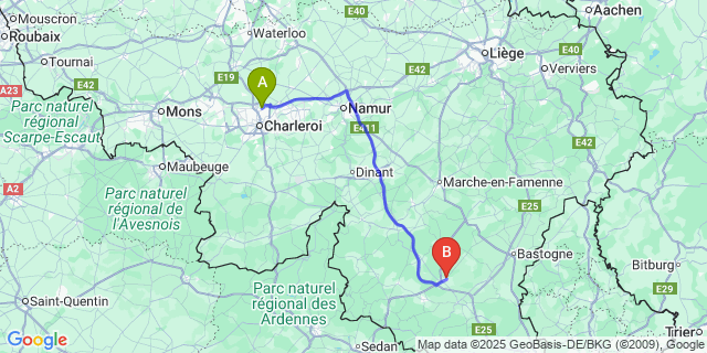 Map: Charleroi Airport Brussels South (CRL) to Libramont