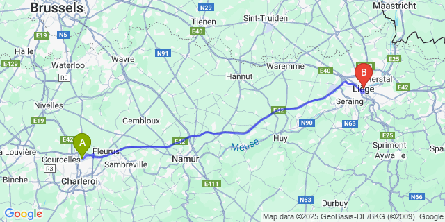 Map: Charleroi Airport Brussels South (CRL) to Liège