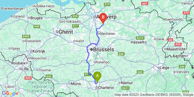 Map: Charleroi Airport Brussels South (CRL) to Liers