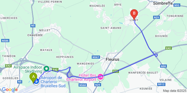 Map: Charleroi Airport Brussels South (CRL) to Ligny