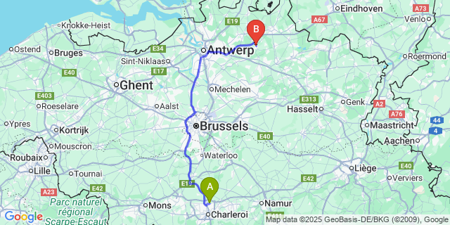Map: Charleroi Airport Brussels South (CRL) to Lille (Belgium)