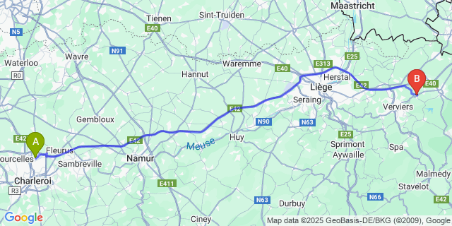 Map: Charleroi Airport Brussels South (CRL) to Limbourg