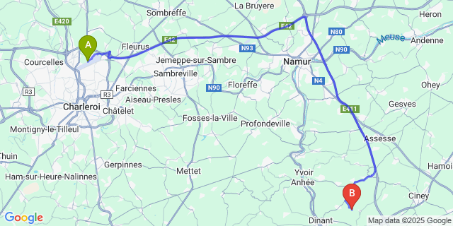 Map: Charleroi Airport Brussels South (CRL) to Lisogne