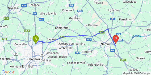 Map: Charleroi Airport Brussels South (CRL) to Lives-Sur-Meuse