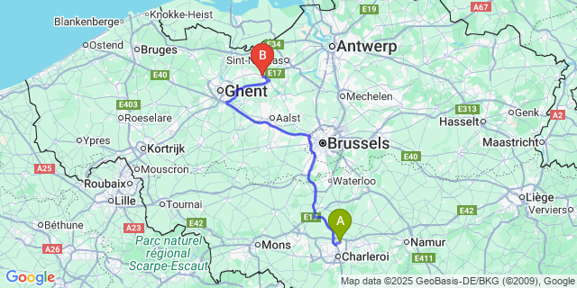 Map: Charleroi Airport Brussels South (CRL) to Lokeren