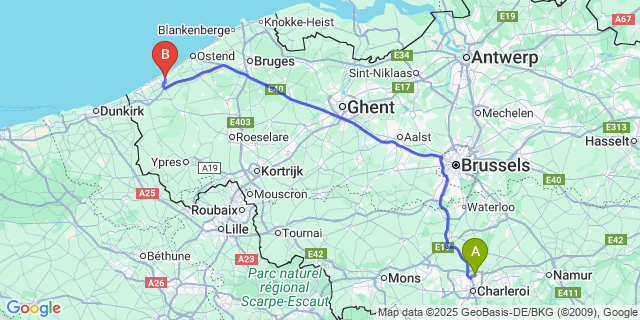 Map: Charleroi Airport Brussels South (CRL) to Lombardsijde