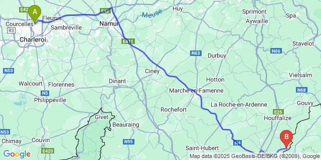 Map: Charleroi Airport Brussels South (CRL) to Longvilly