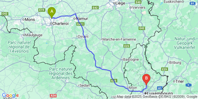 Map: Charleroi Airport Brussels South (CRL) to Lorentzweiler