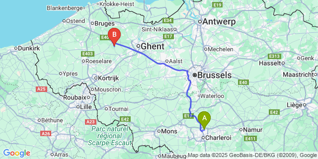 Map: Charleroi Airport Brussels South (CRL) to Lotenhulle