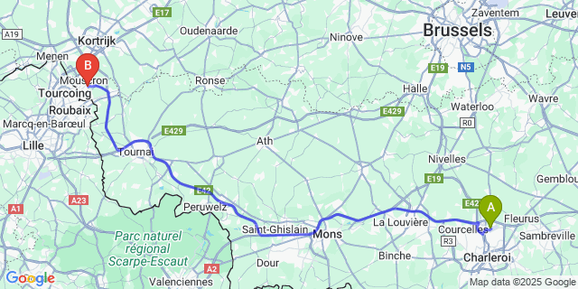 Map: Charleroi Airport Brussels South (CRL) to Luingne
