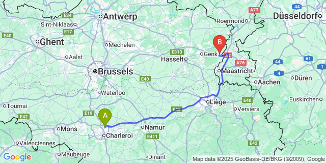 Map: Charleroi Airport Brussels South (CRL) to Maasmechelen