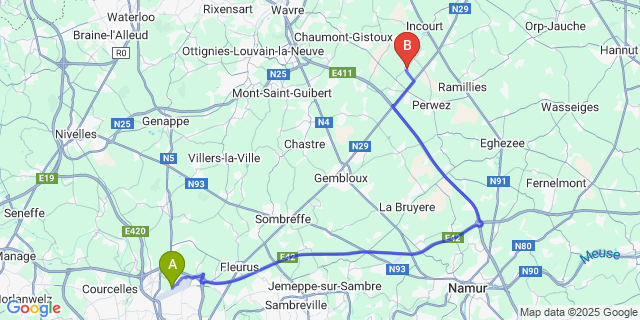 Map: Charleroi Airport Brussels South (CRL) to Maleves-Sainte-Marie-Wastines