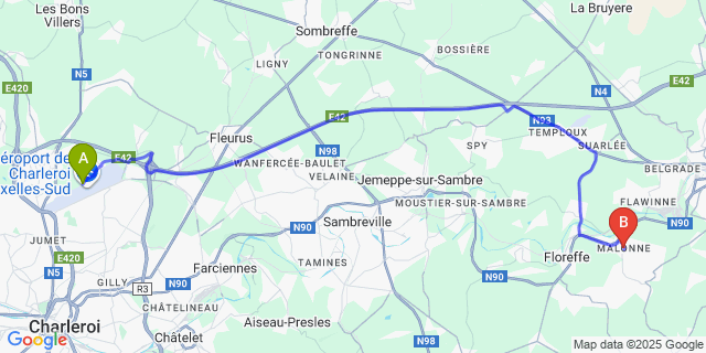 Map: Charleroi Airport Brussels South (CRL) to Malonne