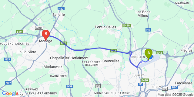 Map: Charleroi Airport Brussels South (CRL) to Manage