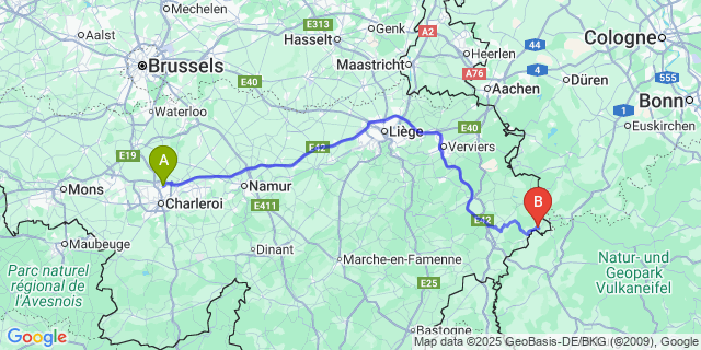 Map: Charleroi Airport Brussels South (CRL) to Manderfeld