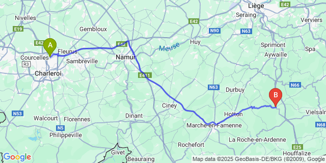 Map: Charleroi Airport Brussels South (CRL) to Manhay