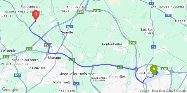 Map: Charleroi Airport Brussels South (CRL) to Marche-Lez-Écaussinnes