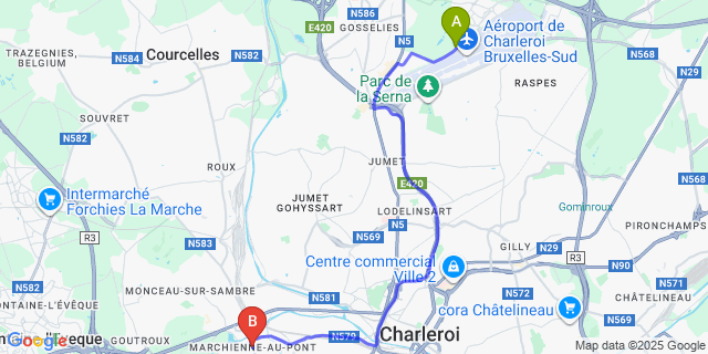 Map: Charleroi Airport Brussels South (CRL) to Marchienne-Au-Pont