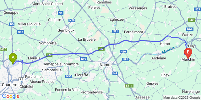 Map: Charleroi Airport Brussels South (CRL) to Marchin