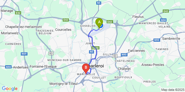 Map: Charleroi Airport Brussels South (CRL) to Marcinelle
