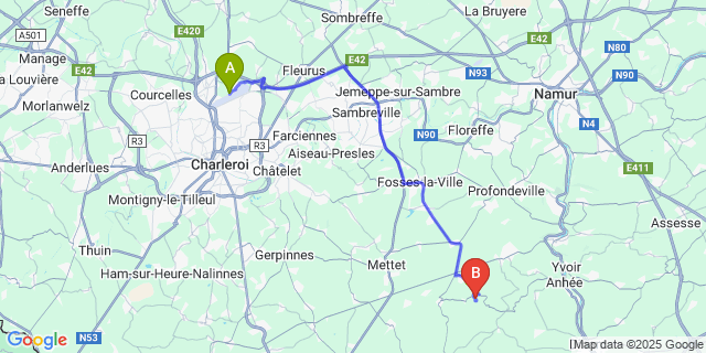 Map: Charleroi Airport Brussels South (CRL) to Maredsous