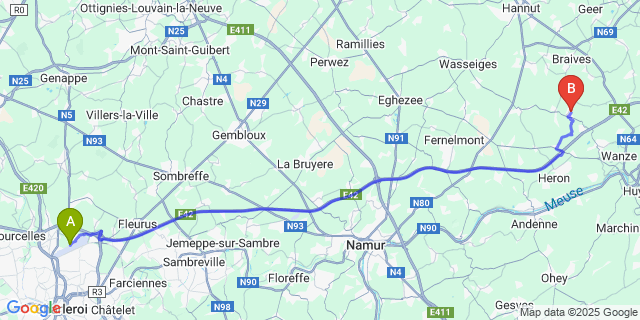 Map: Charleroi Airport Brussels South (CRL) to Marneffe