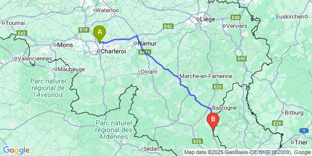 Map: Charleroi Airport Brussels South (CRL) to Martelagne