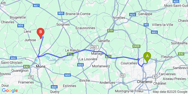Map: Charleroi Airport Brussels South (CRL) to Masnuy-Saint-Pierre