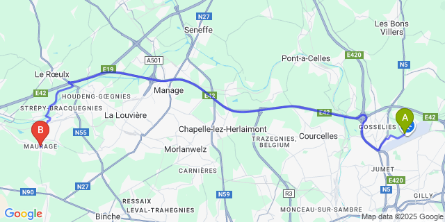 Map: Charleroi Airport Brussels South (CRL) to Maurage