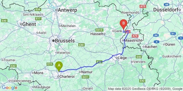 Map: Charleroi Airport Brussels South (CRL) to Mechelen-Aan-De-Maas