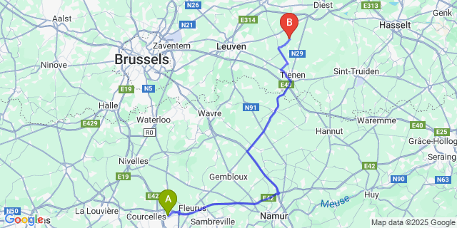 Map: Charleroi Airport Brussels South (CRL) to Meensel-Kiezegem