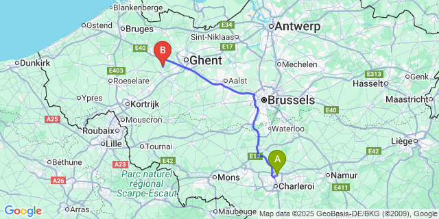 Map: Charleroi Airport Brussels South (CRL) to Meigem