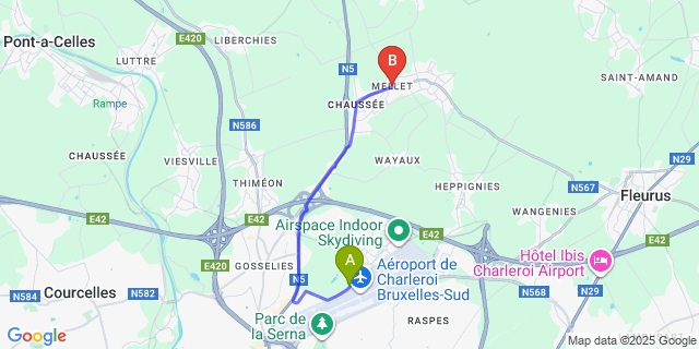 Map: Charleroi Airport Brussels South (CRL) to Mellet