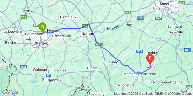 Map: Charleroi Airport Brussels South (CRL) to Melreux