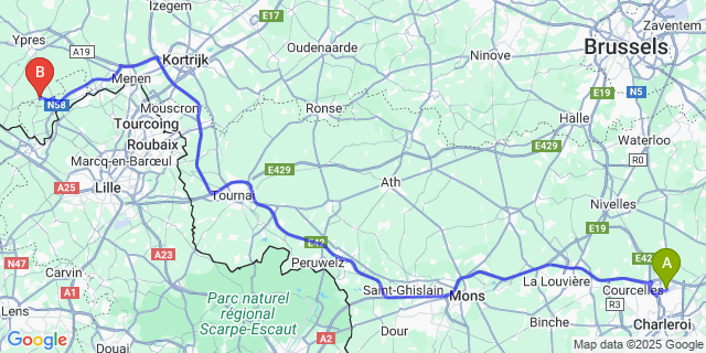 Map: Charleroi Airport Brussels South (CRL) to Mesen