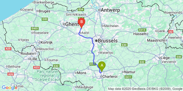 Map: Charleroi Airport Brussels South (CRL) to Mespelare