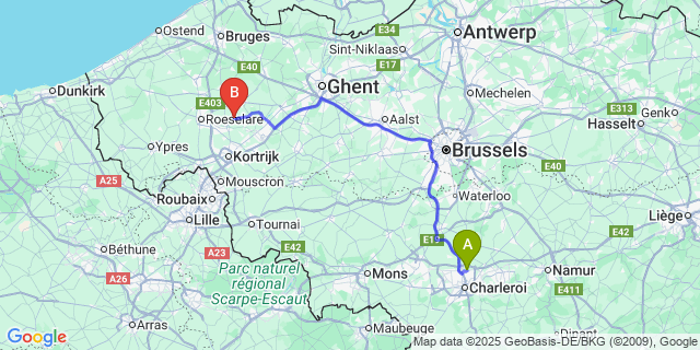 Map: Charleroi Airport Brussels South (CRL) to Meulebeke