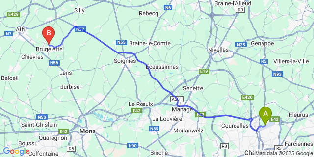 Map: Charleroi Airport Brussels South (CRL) to Mévergnies-Lez-Lens