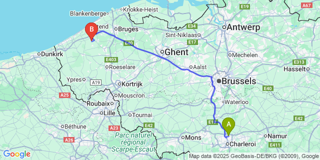 Map: Charleroi Airport Brussels South (CRL) to Moere