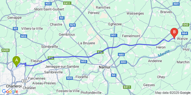 Map: Charleroi Airport Brussels South (CRL) to Moha