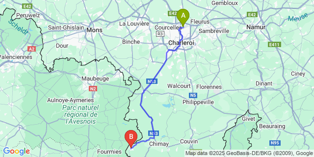 Map: Charleroi Airport Brussels South (CRL) to Momignies